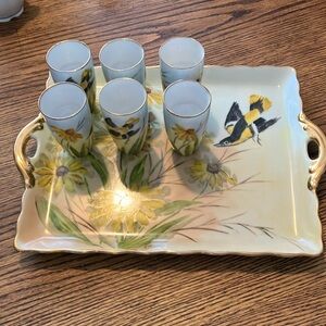 Floral and Bird Design Tray with Cups